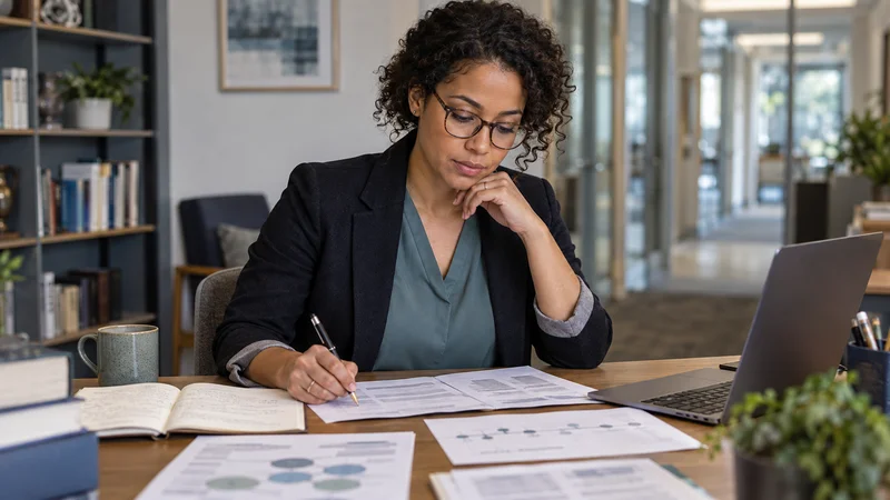 Psychologist reviewing anonymized behavioral research notes and a case timeline in a professional office