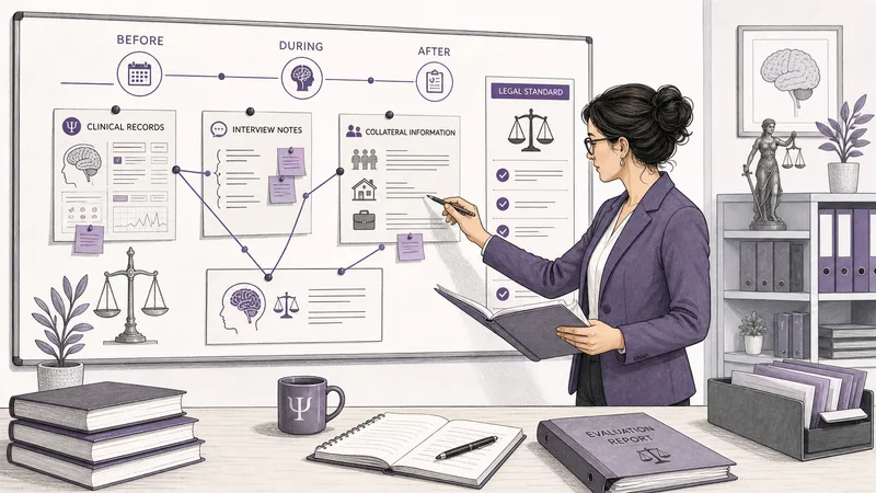 Forensic psychologist connecting clinical records, interview notes and collateral information to a legal standard