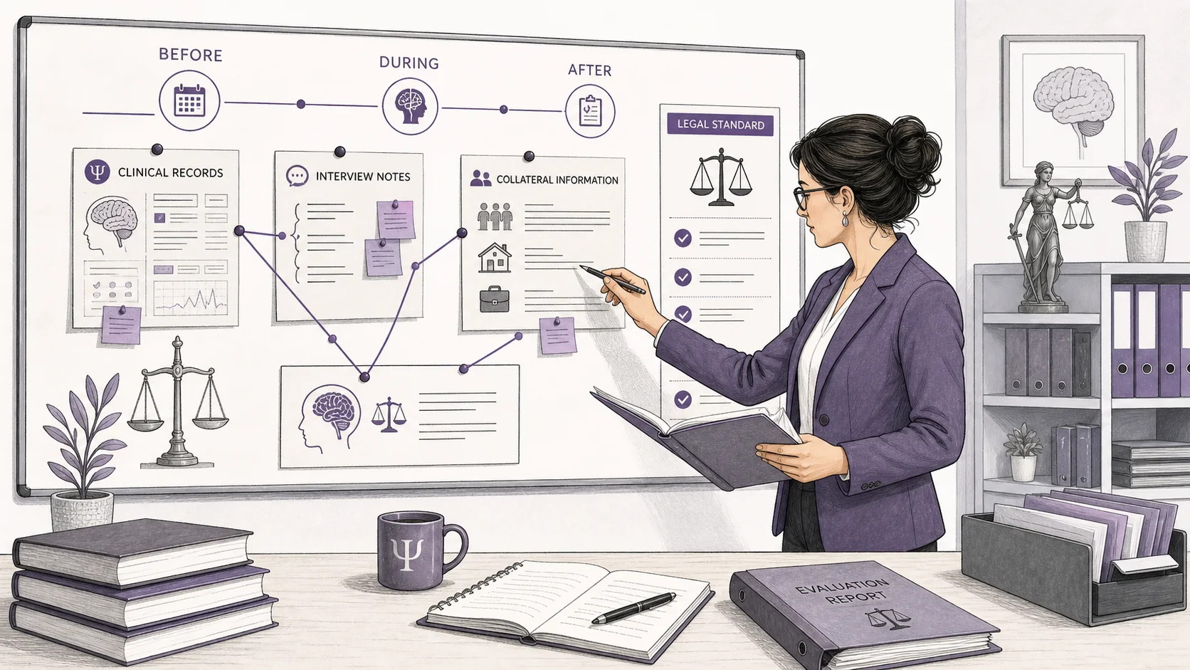 Forensic psychologist connecting clinical records, interview notes and collateral evidence to a legal standard
