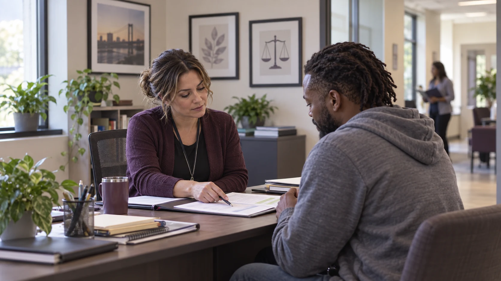 Forensic case manager and client reviewing a coordinated support plan in a community office