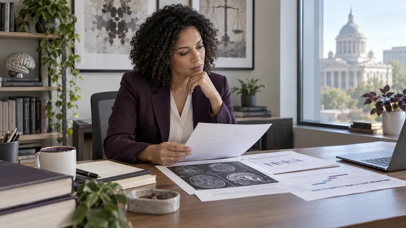 Forensic neuropsychologist reviewing cognitive test results, brain images and a legal case timeline in an office