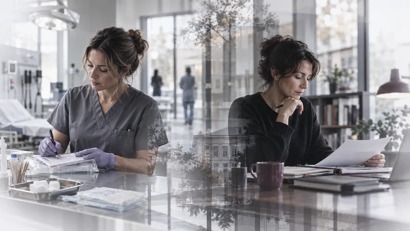 Forensic nurse documenting a sealed evidence kit beside a forensic psychologist reviewing case records