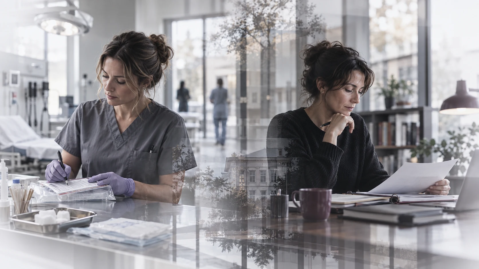 Forensic nurse documenting evidence beside a forensic psychologist reviewing case records