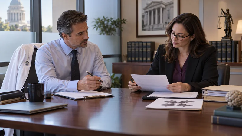 Forensic psychiatrist with a medical chart and forensic psychologist with assessment records reviewing a legal case
