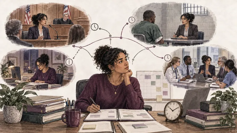 Forensic psychologist planning interviews, court testimony, report writing and team consultation across a variable schedule