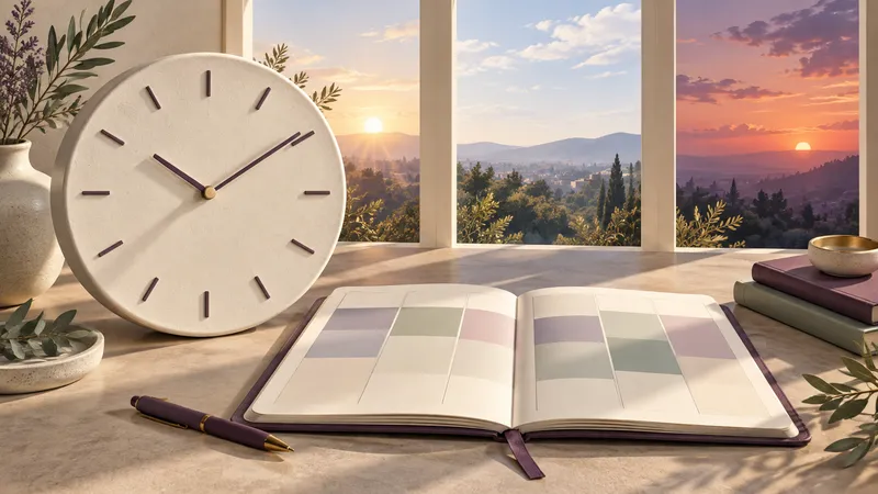 Analog clock and weekly planner beside windows showing morning, afternoon and evening