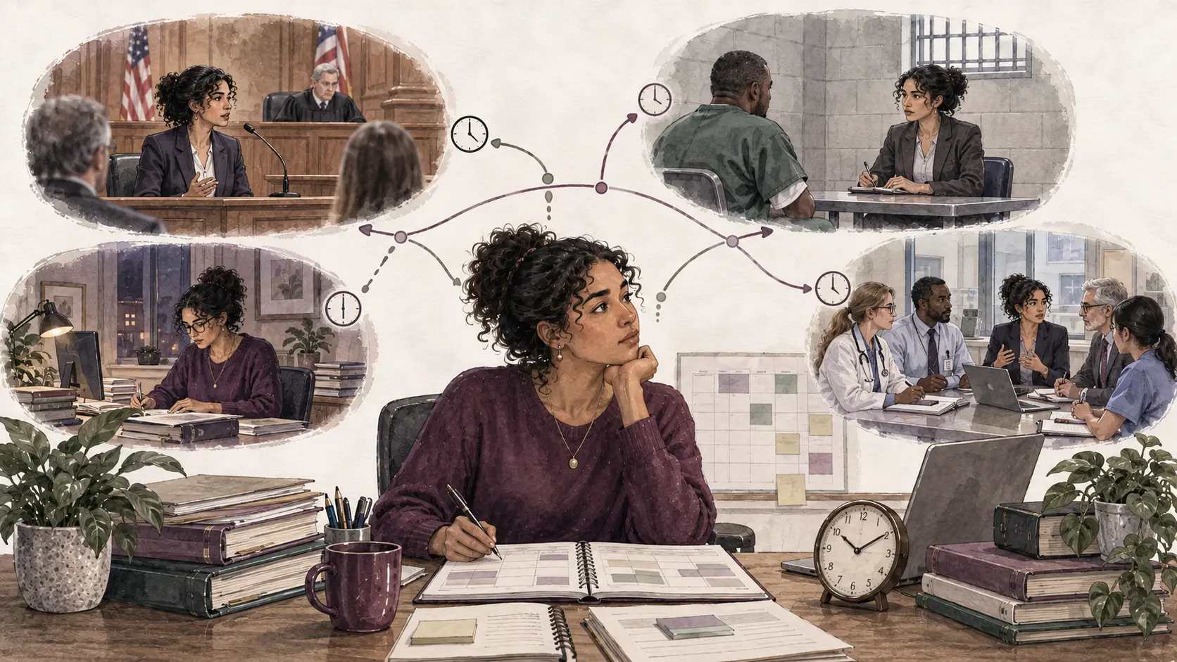 Forensic psychologist planning work across court, correctional, office and hospital settings
