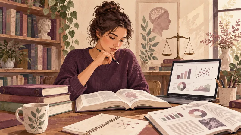 Student reading an academic book beside research articles and a laptop displaying abstract charts