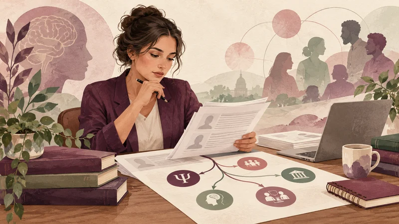 Professional reviewing anonymized case records beside a branching career-planning diagram