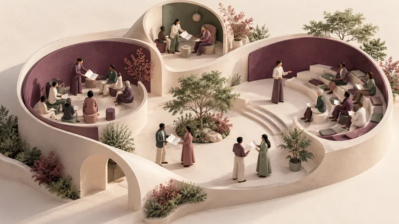 Small abstract figures exchanging research folios among plum and sage seminar spaces around an open courtyard
