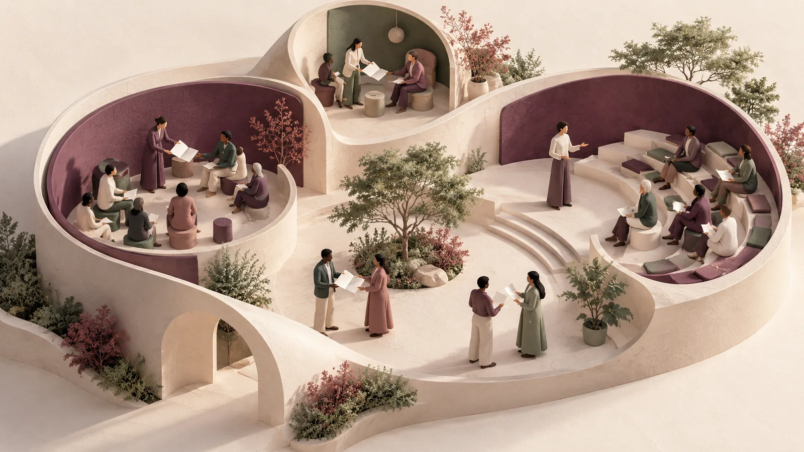 Abstract figures sharing research folios in plum and sage seminar spaces around a courtyard