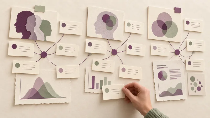 Research question cards connected to abstract evidence and study-method illustrations