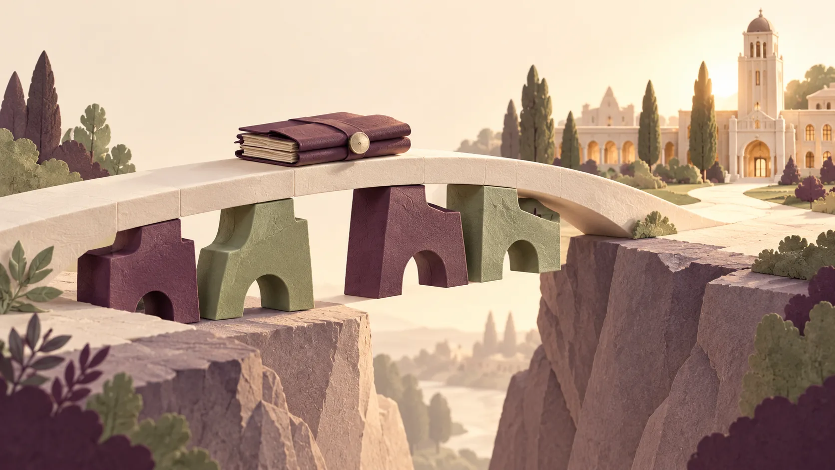 Plum and sage support blocks holding an ivory bridge toward a fictional university courtyard