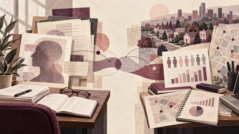 Editorial illustration connecting psychological interview notes with neighborhood maps and population research
