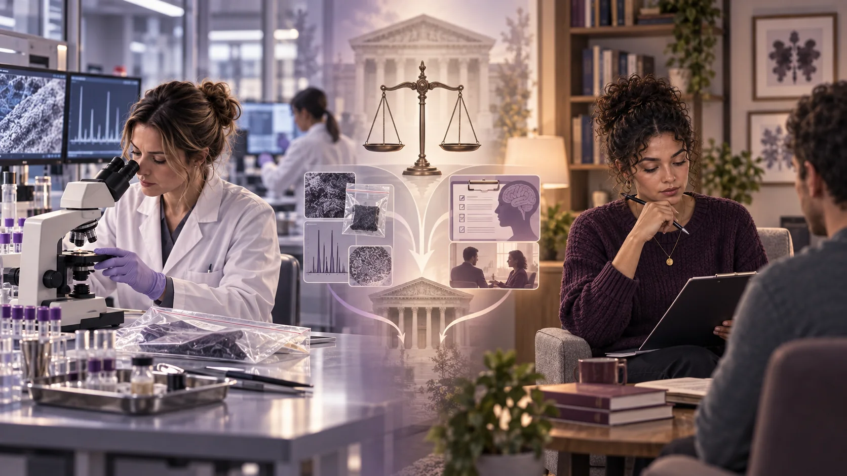 Forensic scientist examining physical evidence beside a forensic psychologist reviewing psychological information