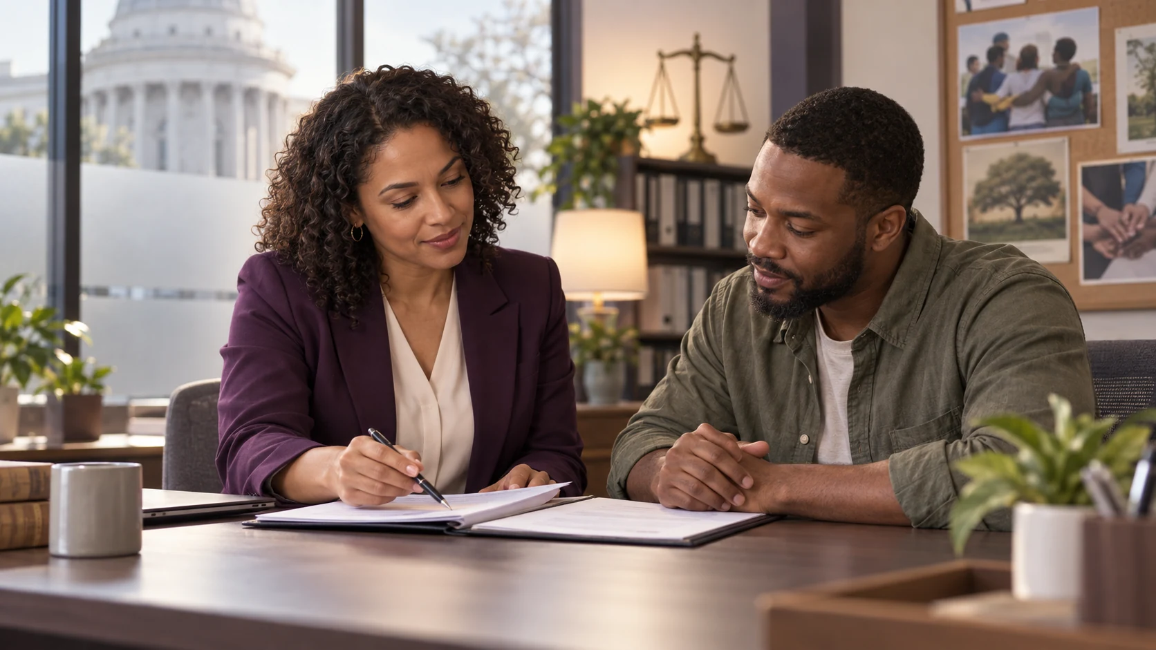 Forensic social worker and client reviewing a community support plan in a professional office