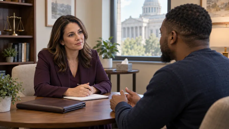 Licensed therapist speaking with an adult client in a calm court-connected treatment office