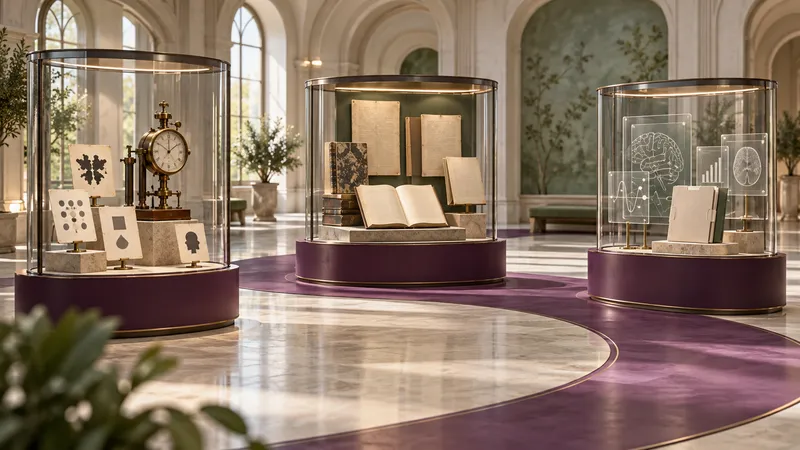 Conceptual museum displays connecting early psychological instruments, archival writing and contemporary research