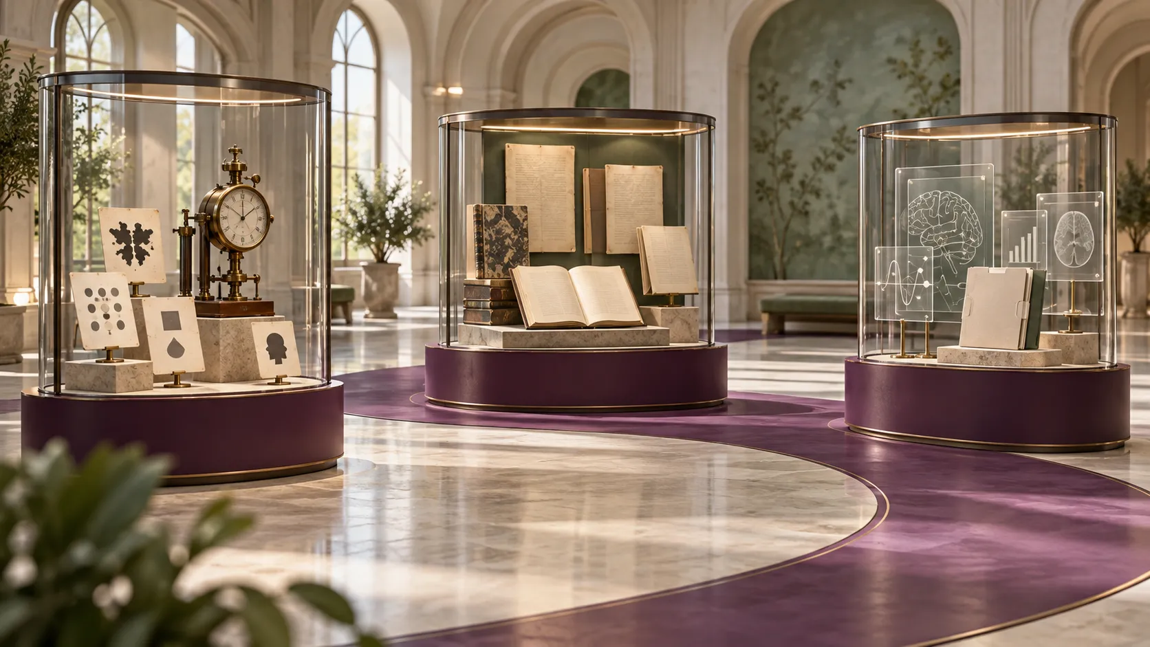 Conceptual museum displays connecting early psychological instruments, archival writing and contemporary research