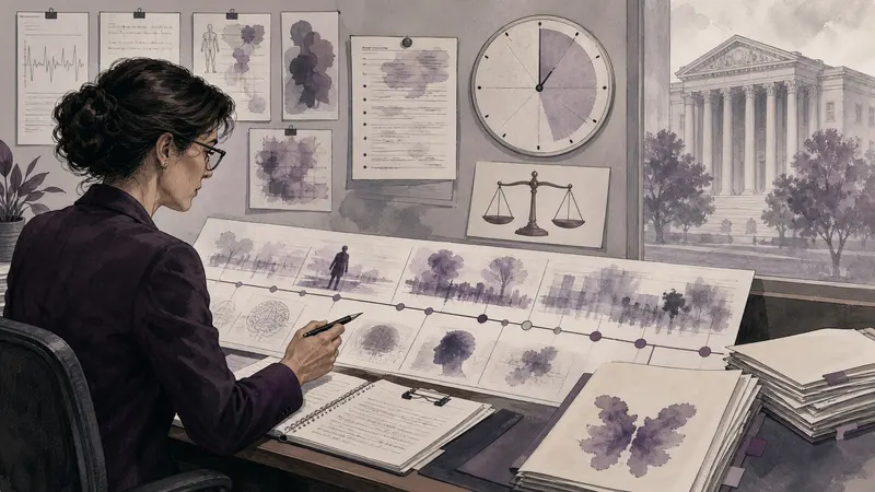 Forensic psychologist reconstructing a past mental state from clinical records, interviews and a timeline