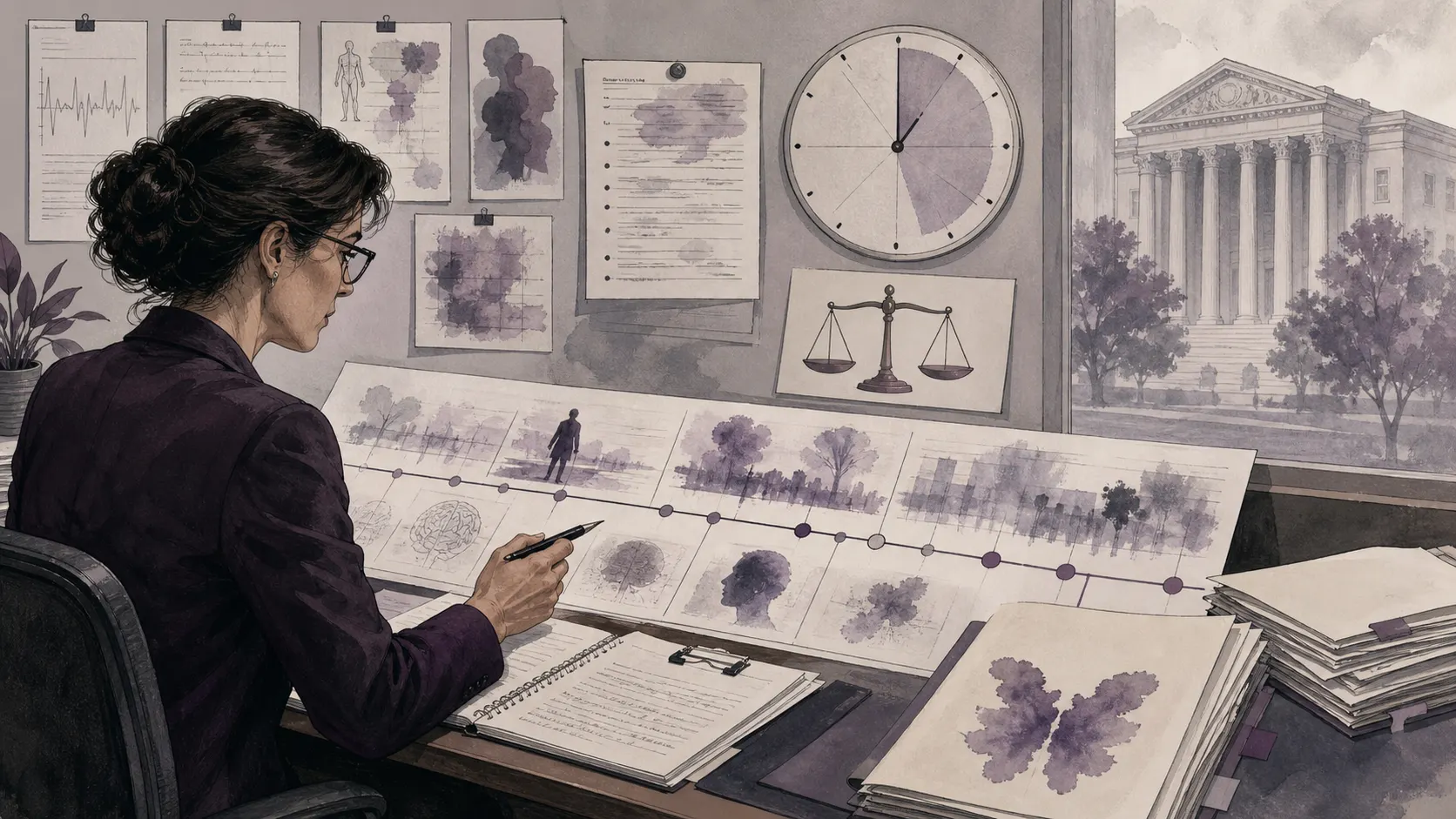 Forensic psychologist reconstructing a past mental state from records, interviews and a timeline