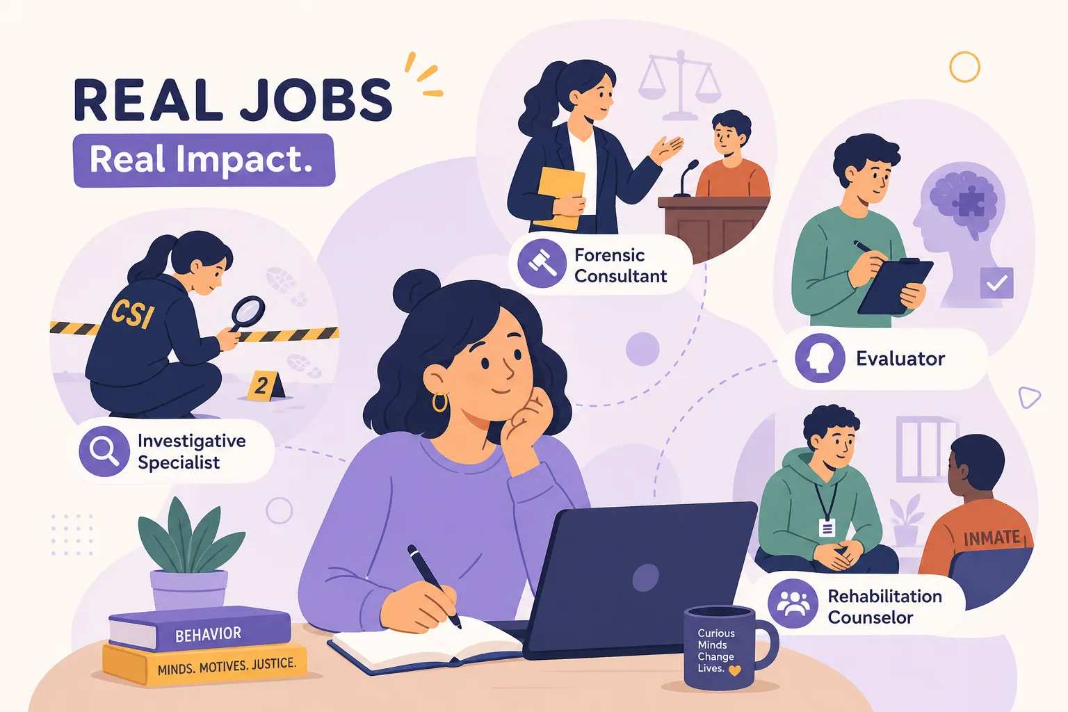 Illustration comparing investigative support, forensic consultation, evaluation and rehabilitation careers