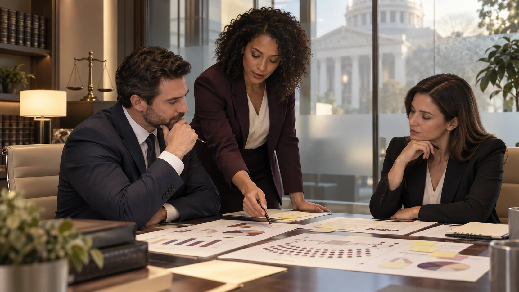 Jury consultant and attorneys reviewing anonymized mock-jury research