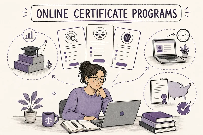 Illustrated comparison of online forensic psychology certificate levels, flexible study and licensure fit