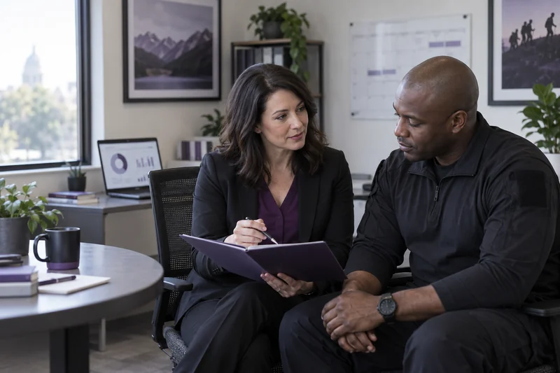Police psychologist and public safety professional reviewing an organizational wellness plan
