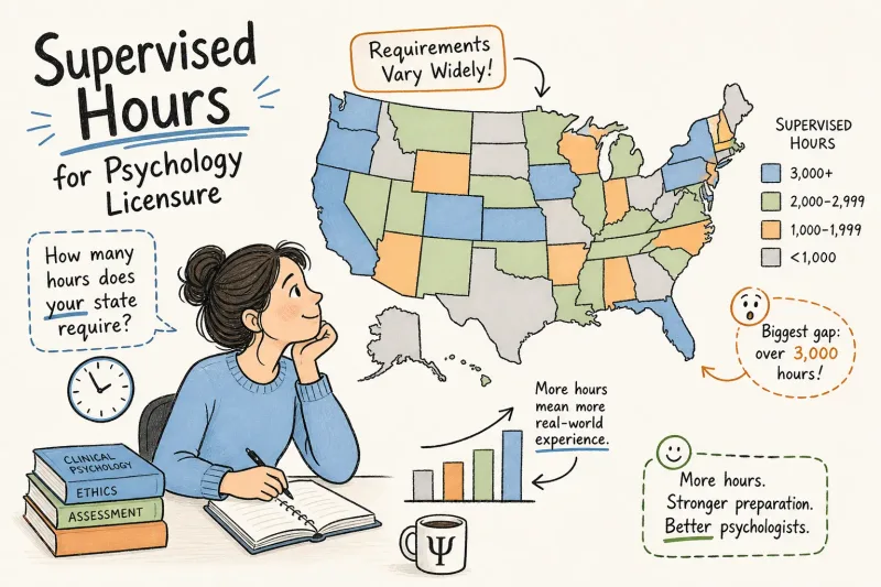 Illustrated overview of psychology licensure supervision requirements across U.S. jurisdictions